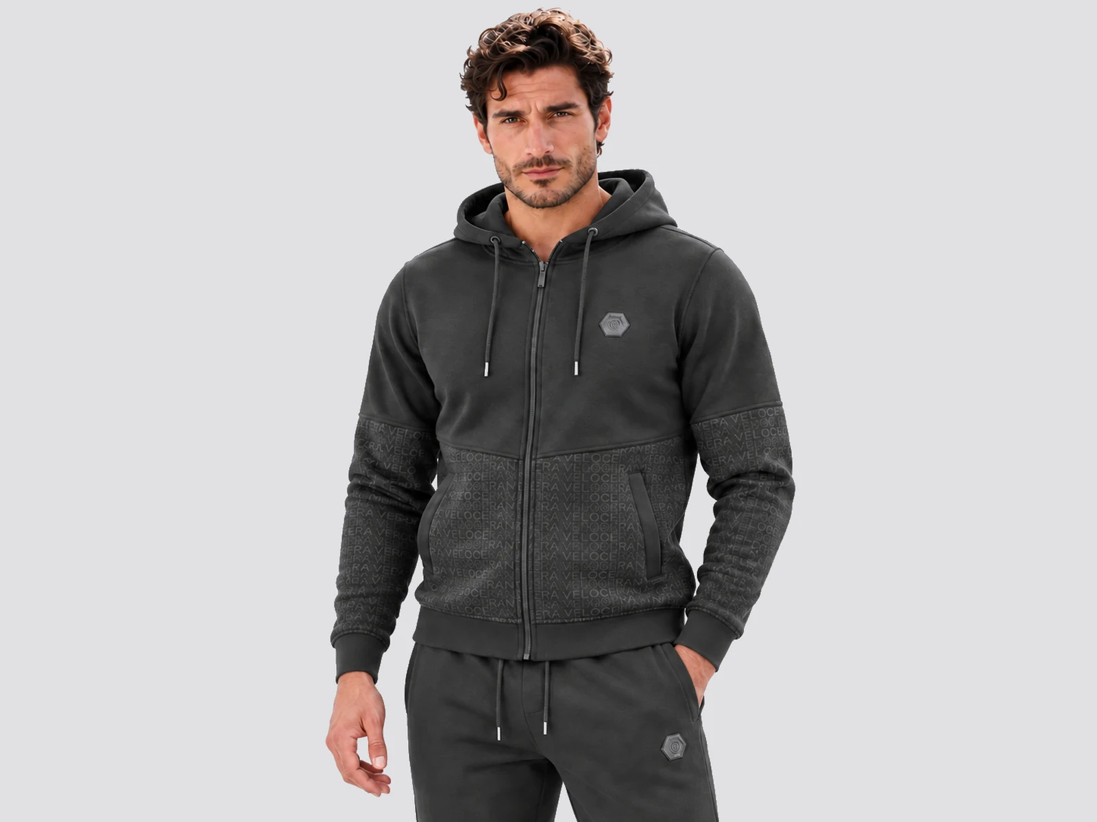 Male model wearing custom casual outerwear
