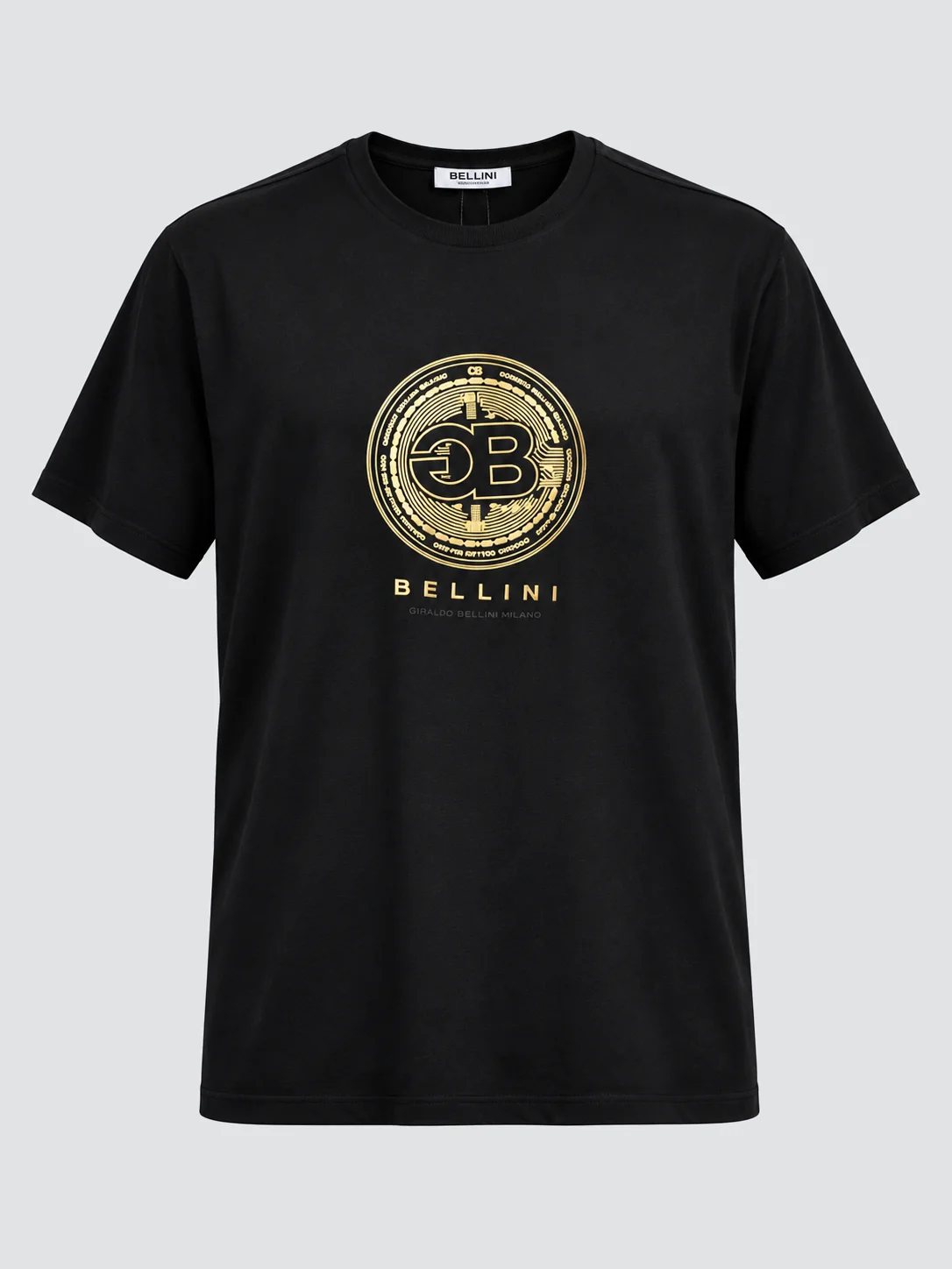 Black T-shirt with gold foil print artwork