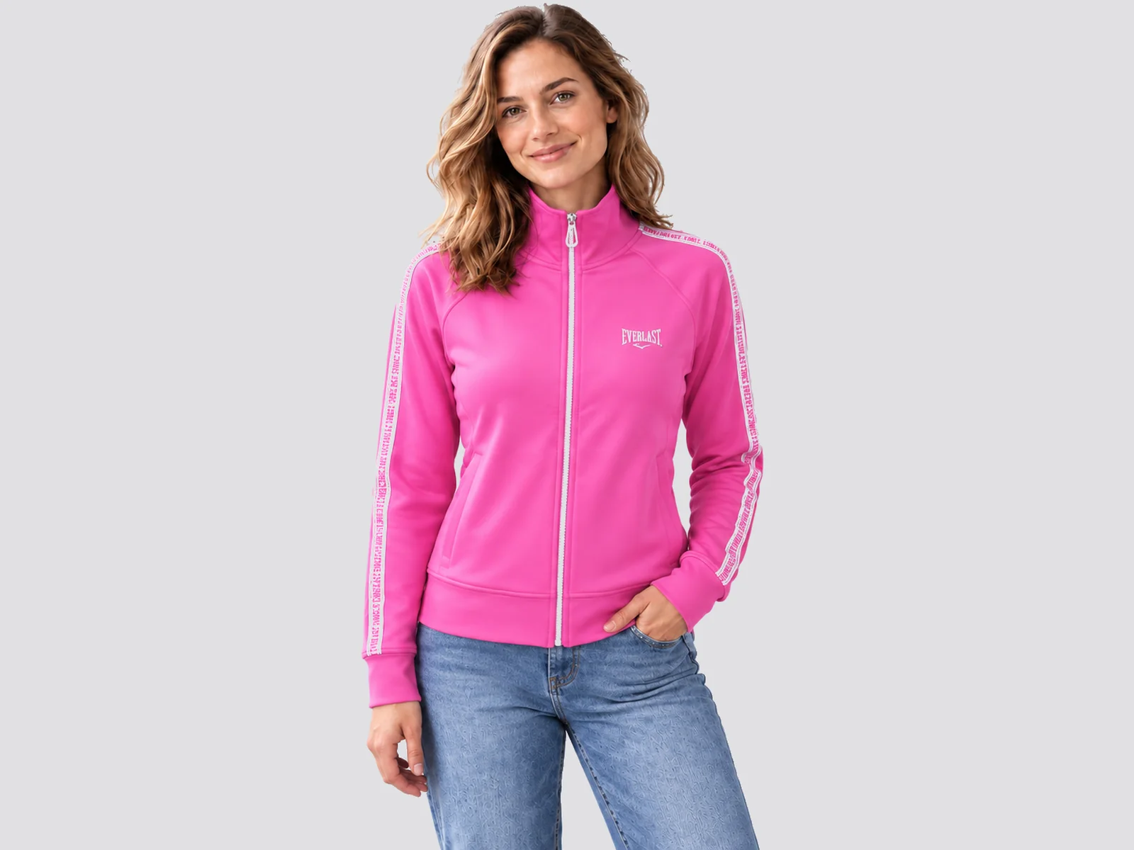Female model wearing a custom sportswear jacket