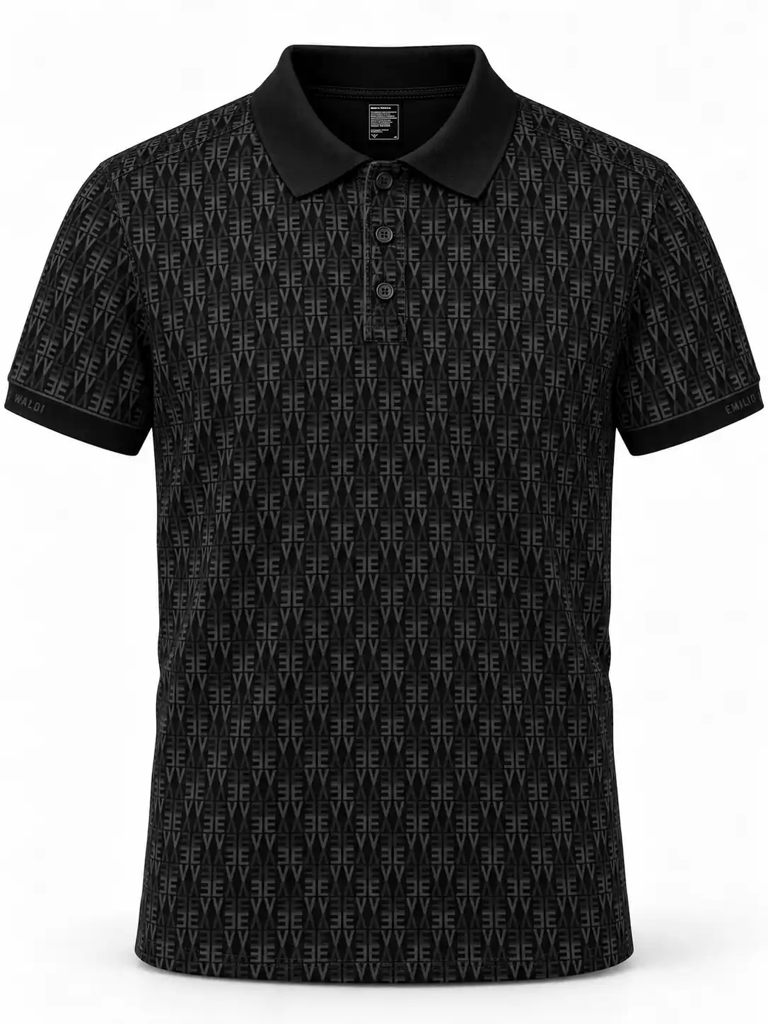 Black all-over silicone printed polo with repeated dark geometric lettering