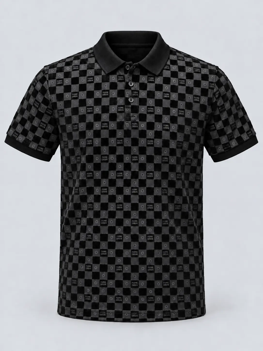 Front of a black regular fit short sleeve flock print polo shirt with all-over checkered body and sleeve artwork, three buttons and plain dark flat-knit trims