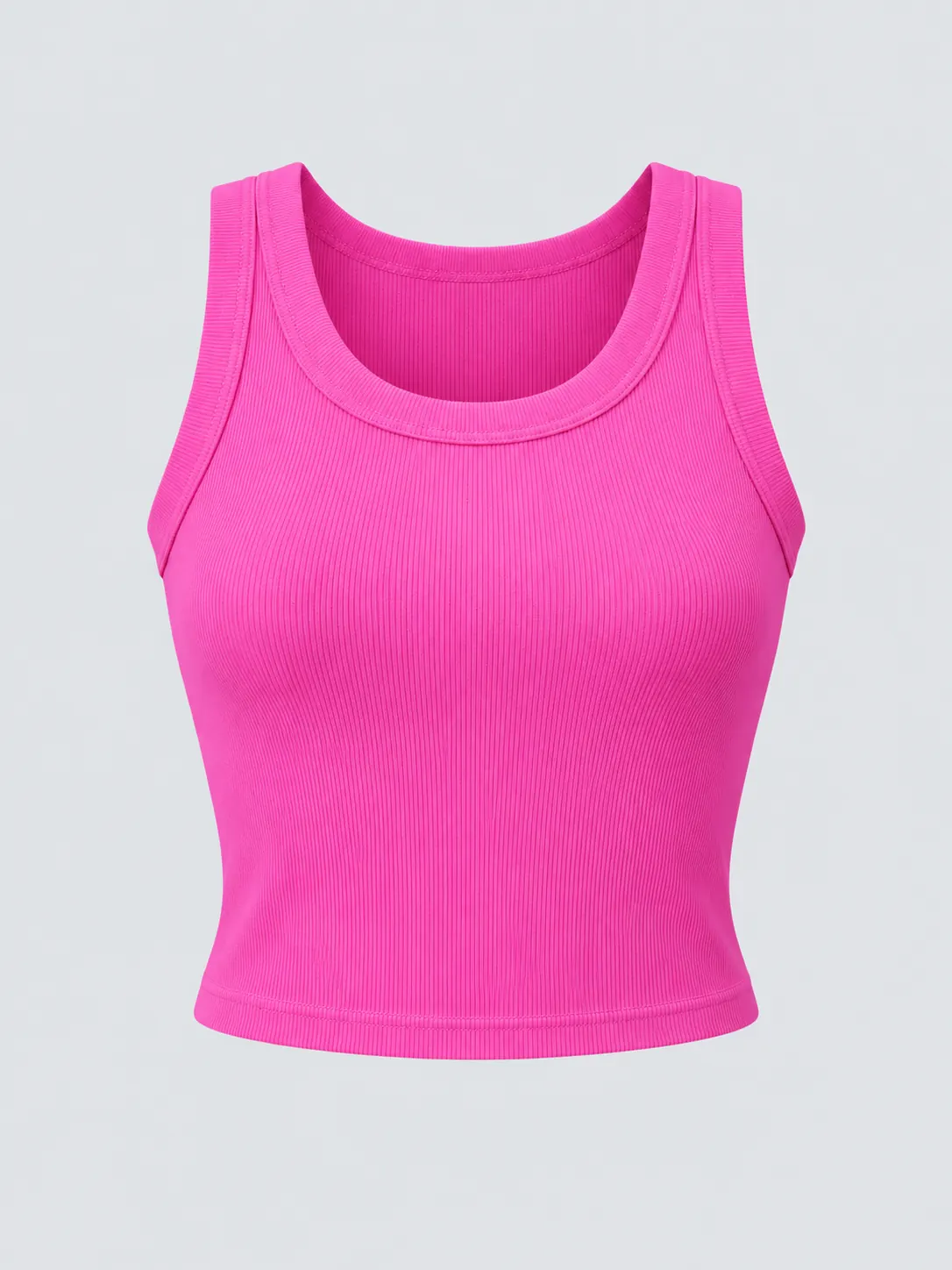 Front product visualization of hot-pink fitted sleeveless crop top in fine cotton-modal 1 by 1 rib, with scoop neck and waist-length folded hem