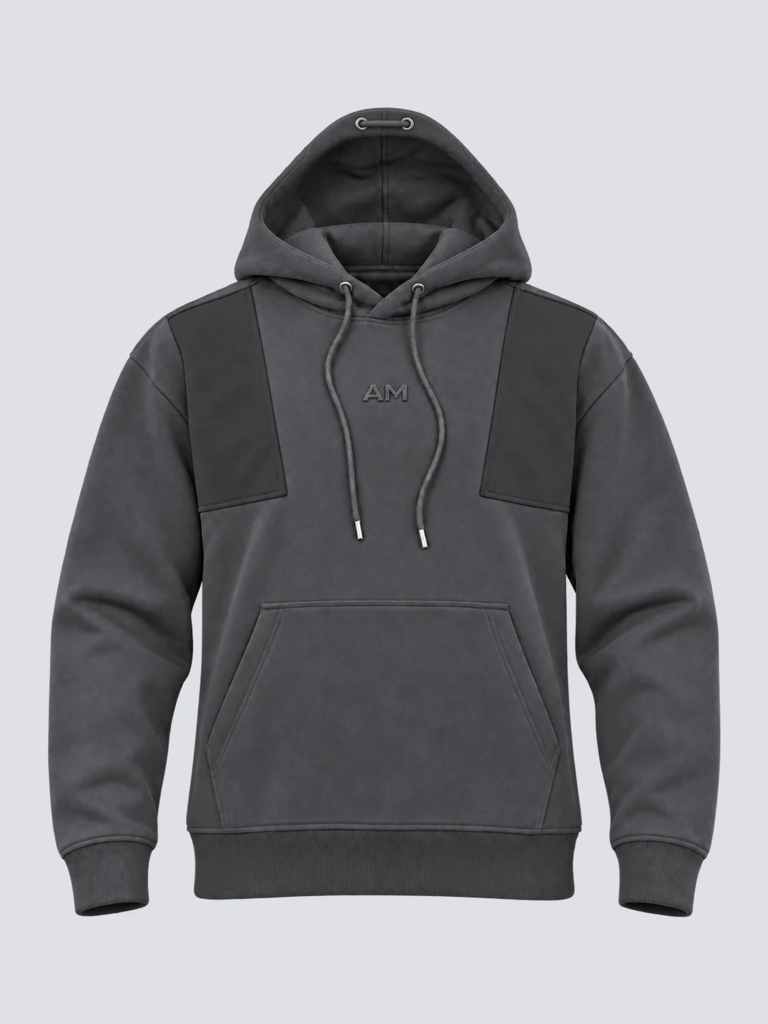 Charcoal pullover athleisure hoodie front visualization with tonal shoulder panels, small AM 3D embroidery and kangaroo pocket