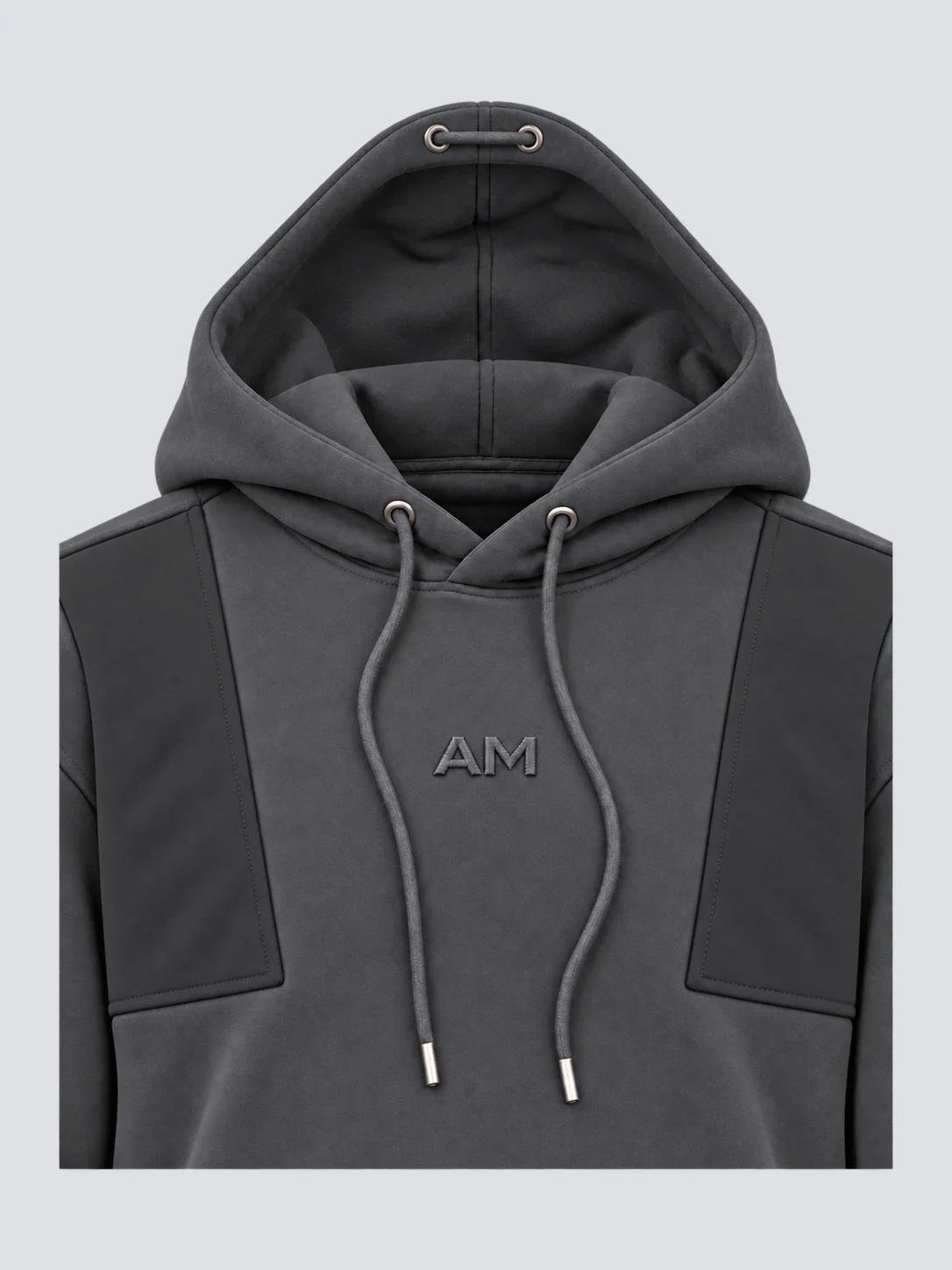 Athleisure hoodie hood, drawcord and AM embroidery detail