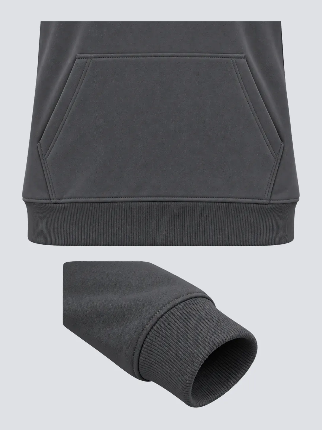 Kangaroo pocket, rib cuff and rib hem detail
