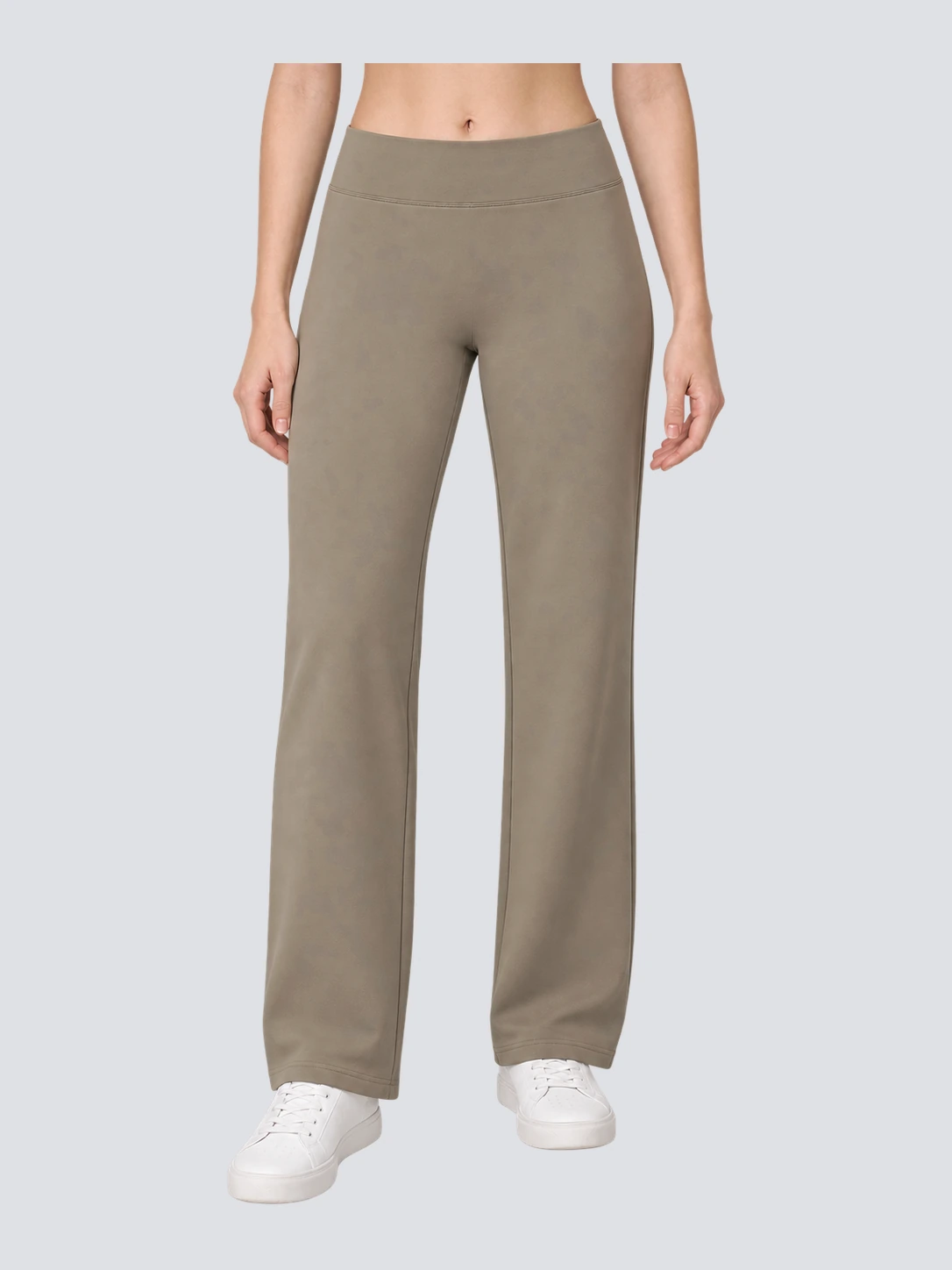 Front model visualization of khaki merino wool straight-leg athleisure joggers with a clean double-layer waistband and folded hems