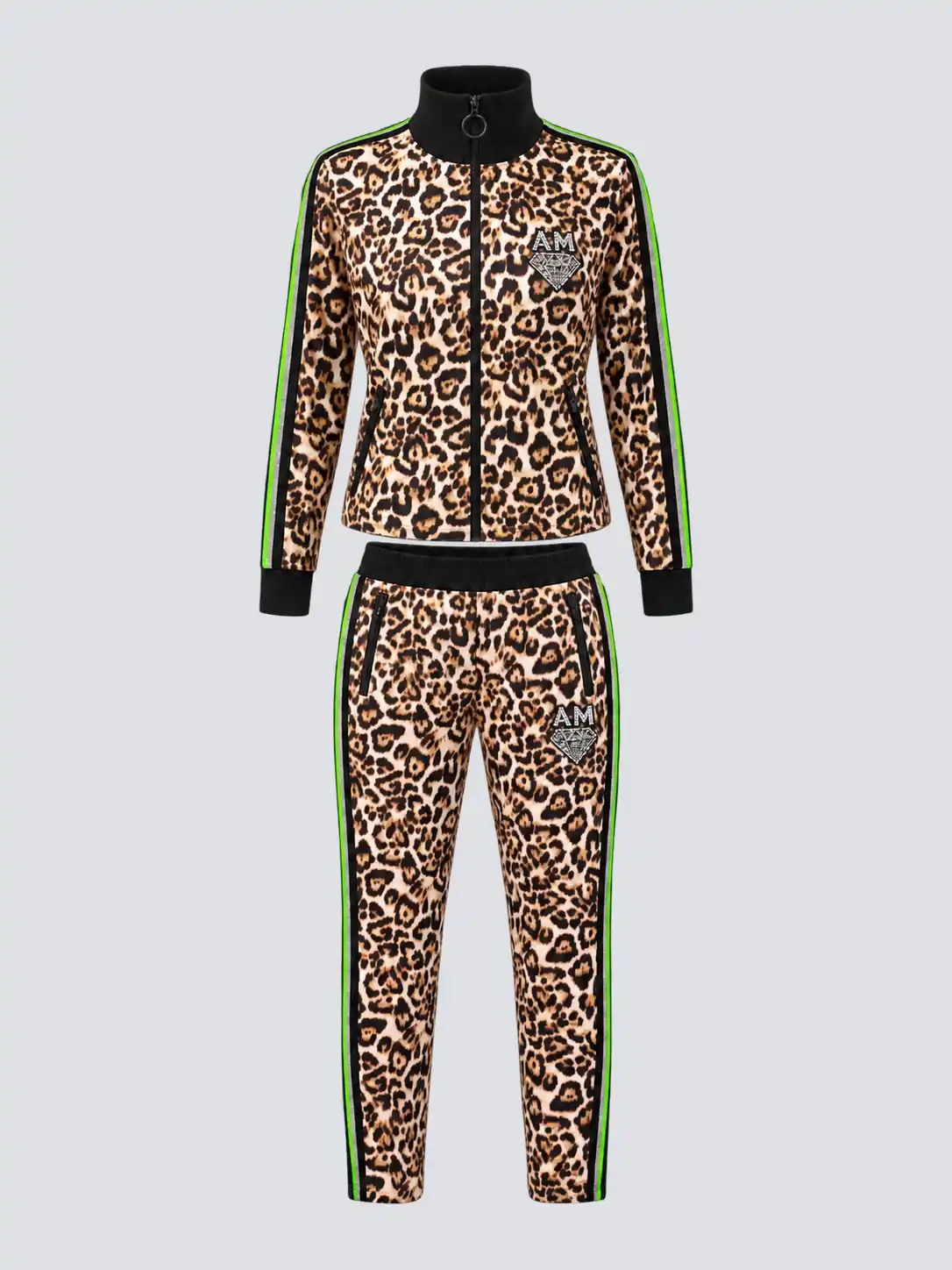 Fitted leopard-print zip jacket and matching tapered pants athleisure set