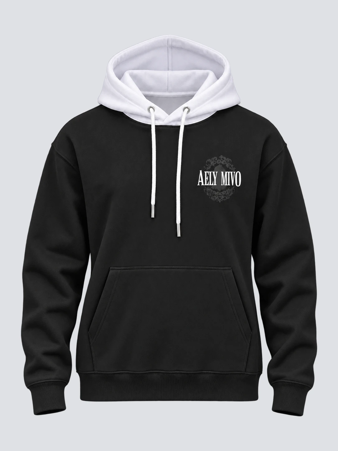 Front visualization of black pullover athleisure sweatshirt with white double-layer hood, kangaroo pocket and small white AELY MIVO chest screen print