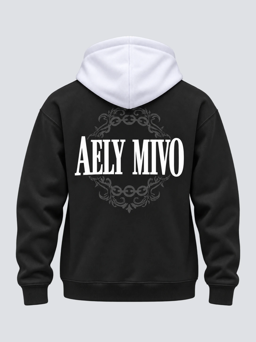 Black athleisure sweatshirt back with large white AELY MIVO print