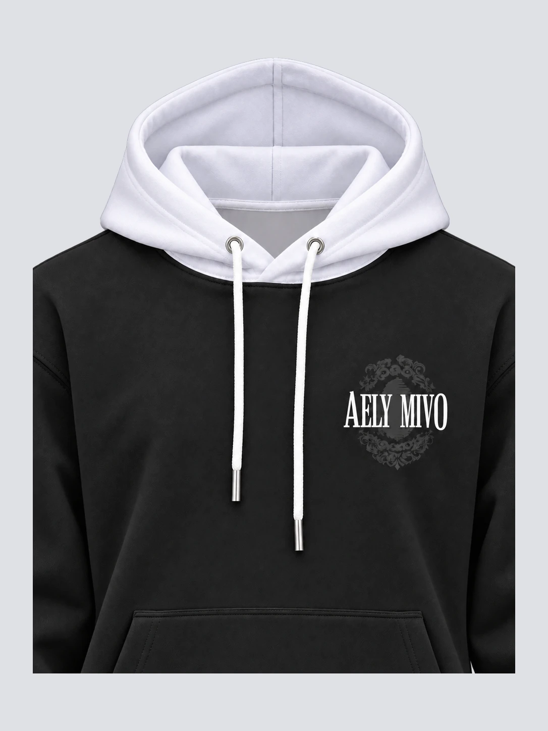 White hood, drawcords and chest print detail