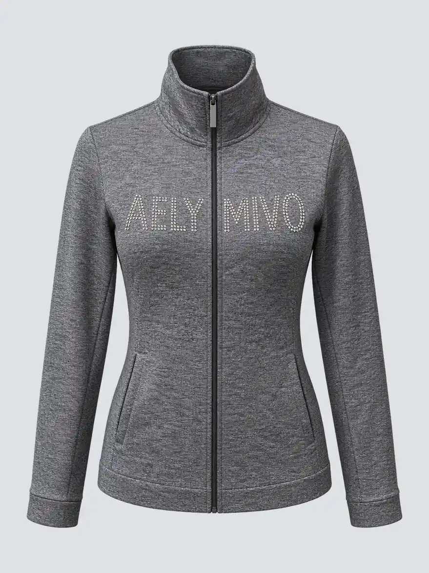 Heather-grey full-zip athleisure jacket front garment visualization with stand collar and AELY MIVO rhinestones