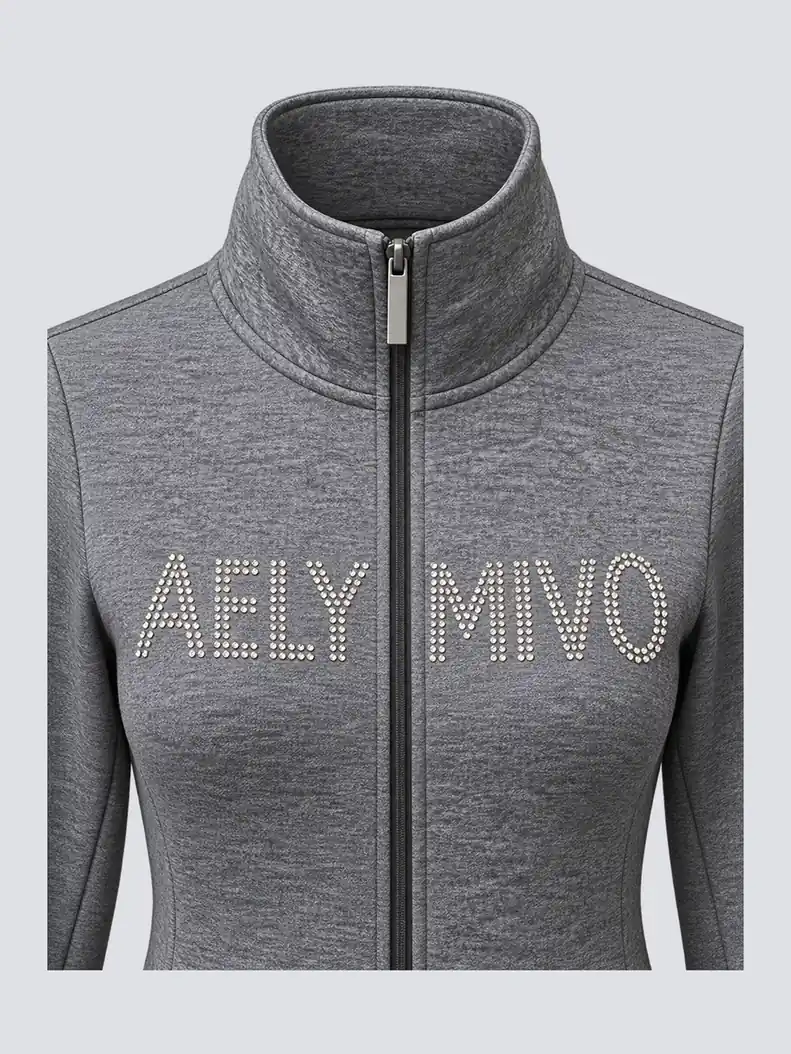 Stand collar, zipper and direct hotfix rhinestone detail
