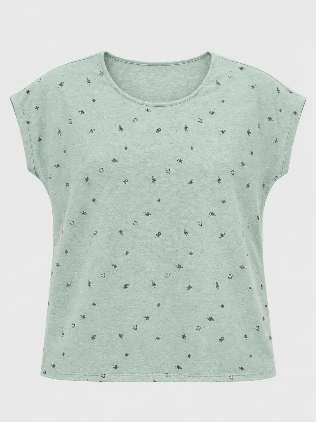 Front of a mint green women's relaxed fit beaded embroidery T-shirt with small leaf prints and grown-on short sleeves