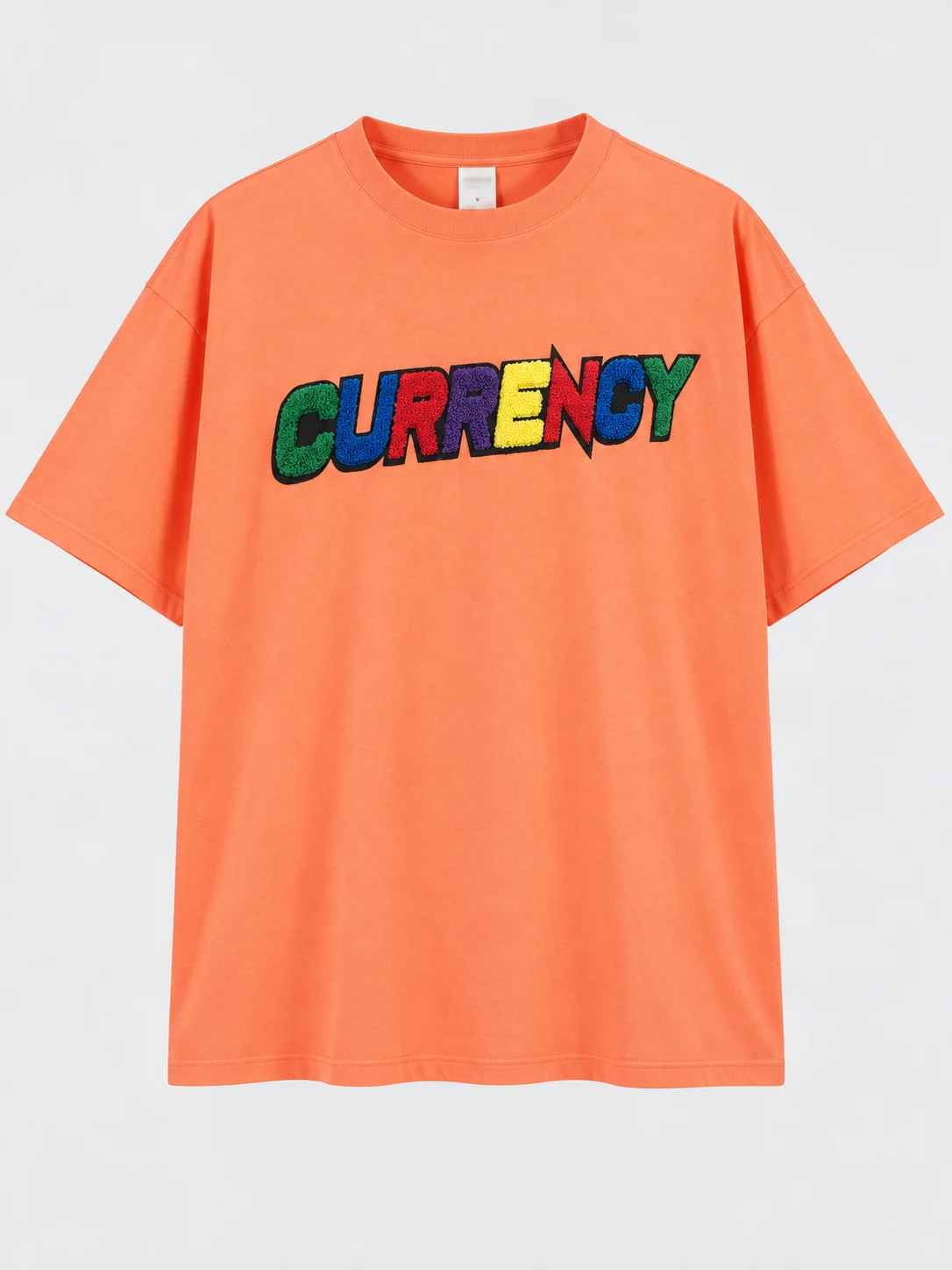 Coral orange oversized chenille embroidery T-shirt with multicolor chest lettering and black printed outlines