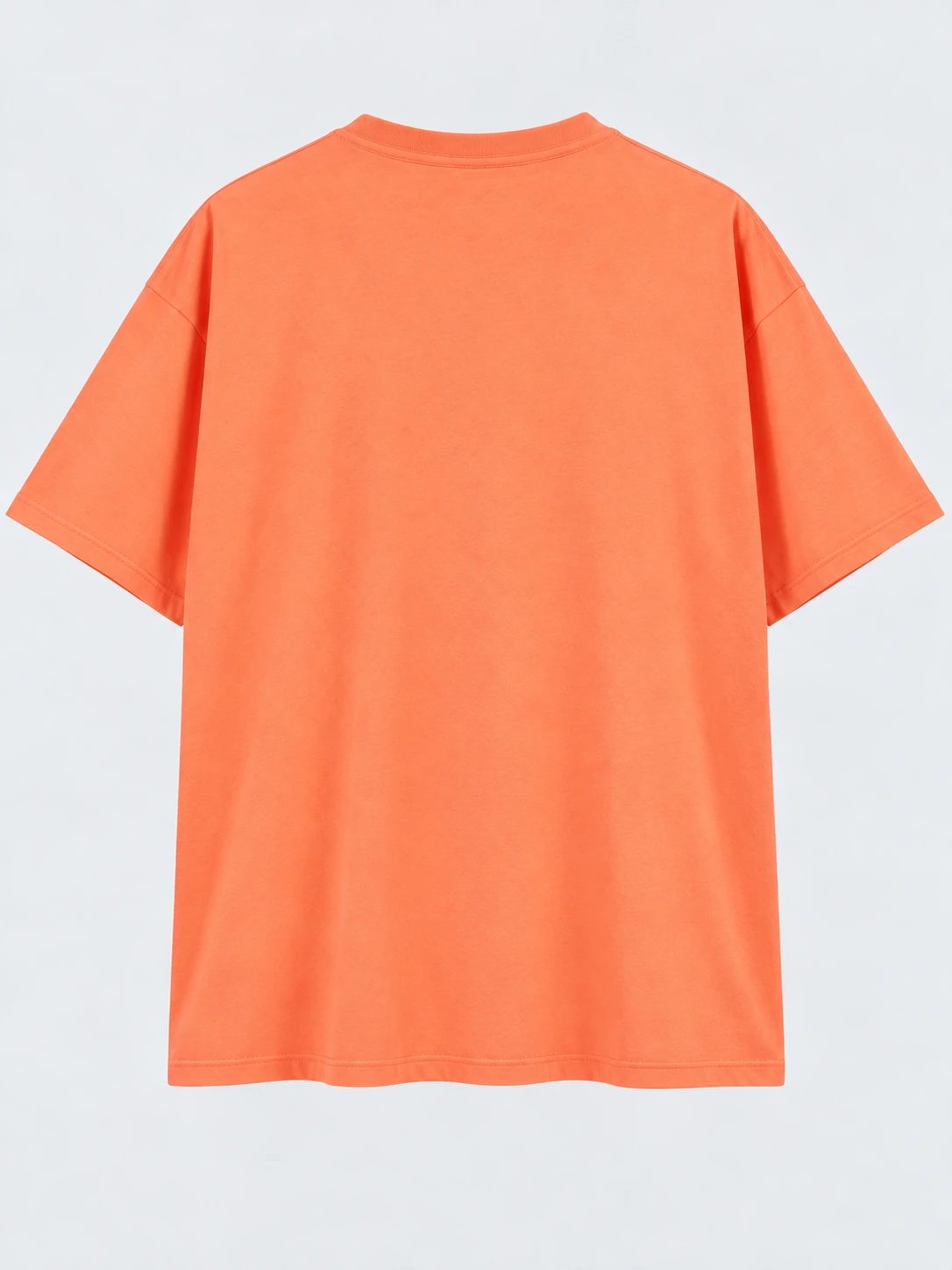 Plain back of a coral orange oversized short sleeve T-shirt with drop shoulders