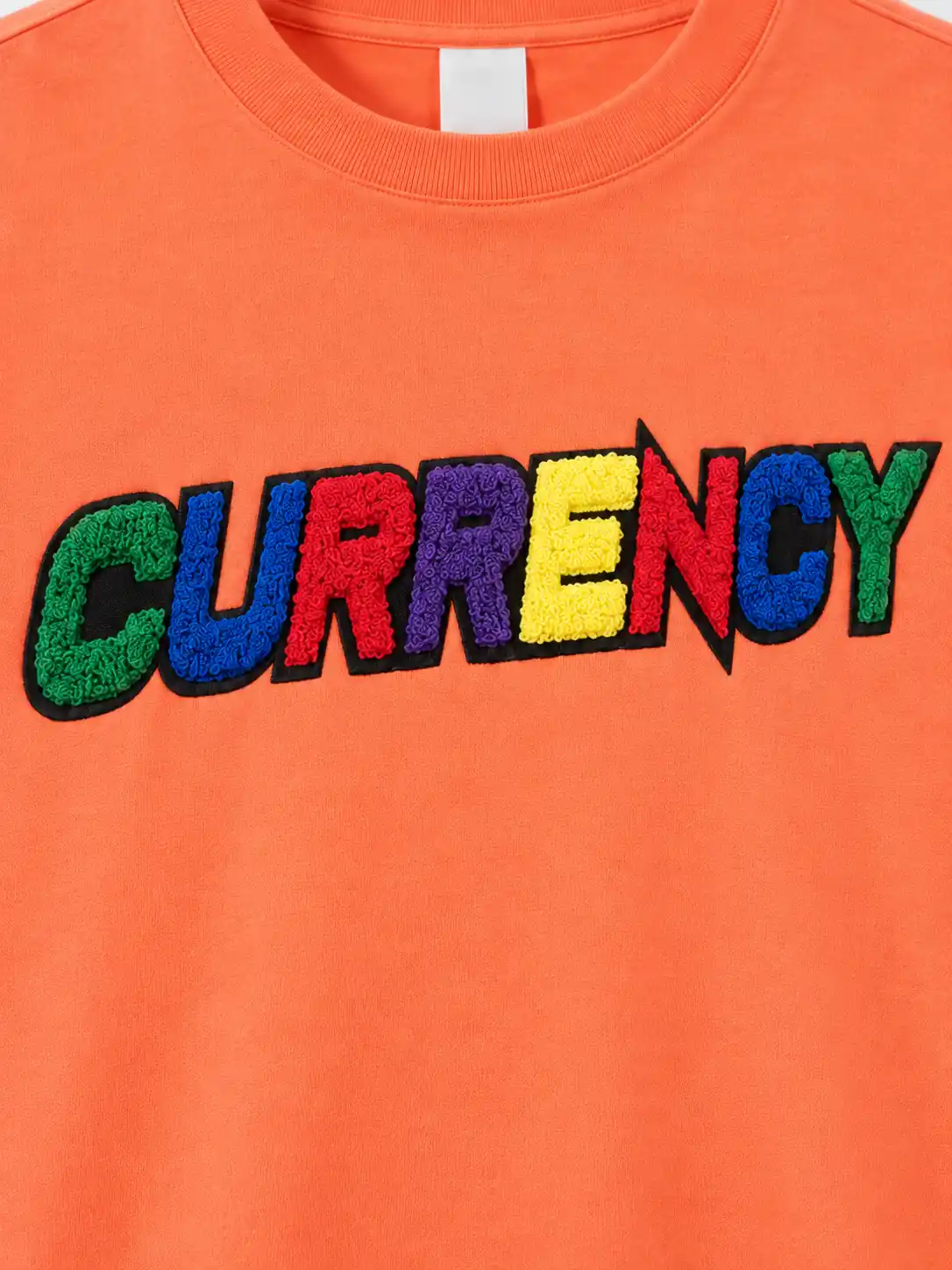 Multicolor direct chenille embroidery lettering with soft looped texture and black printed outlines