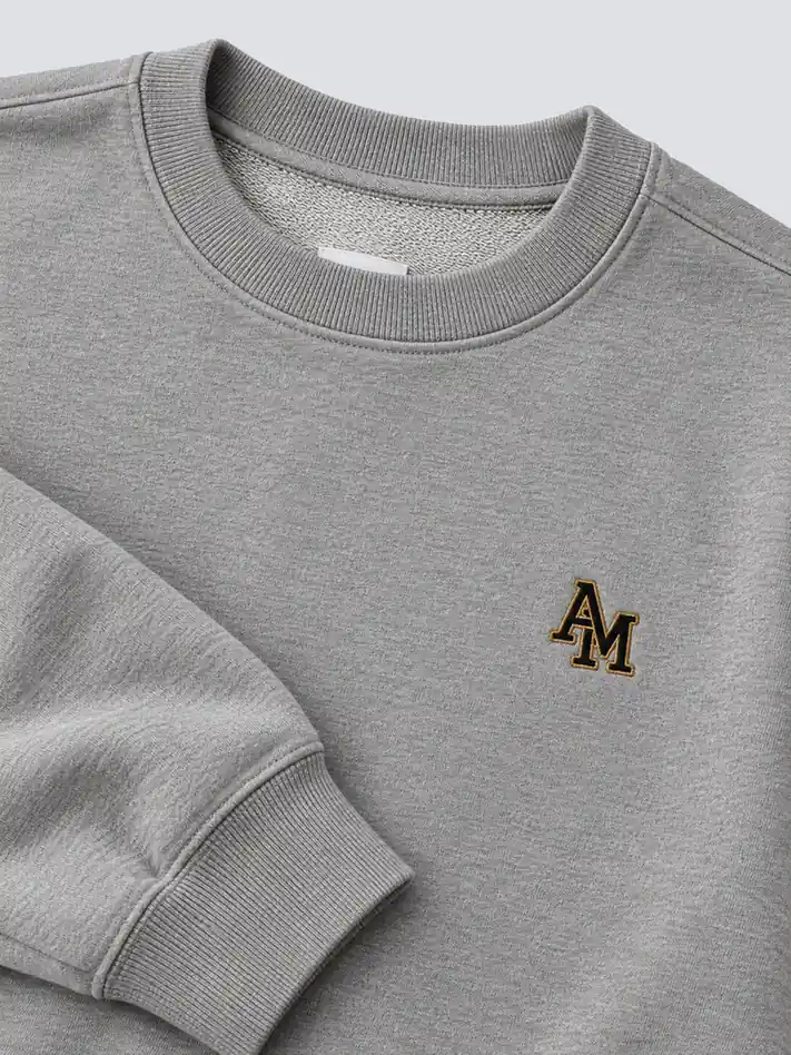 Black-and-gold AM embroidery, rib and loopback detail