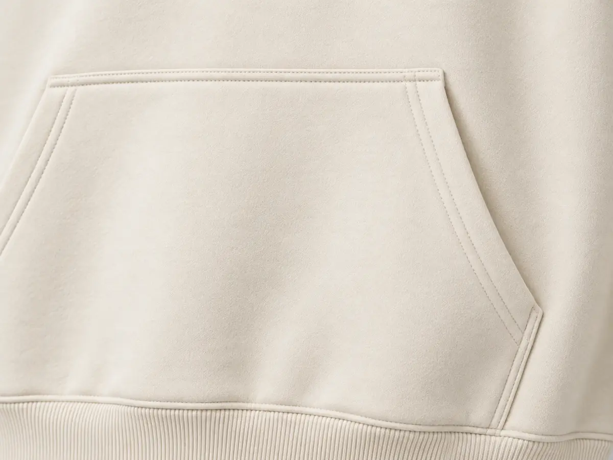 Kangaroo pocket detail on cream pullover hoodie