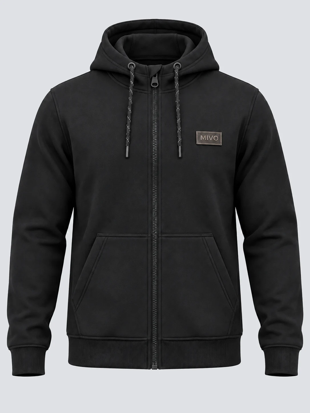 Black classic zip up hoodie front with split pockets and leather chest label
