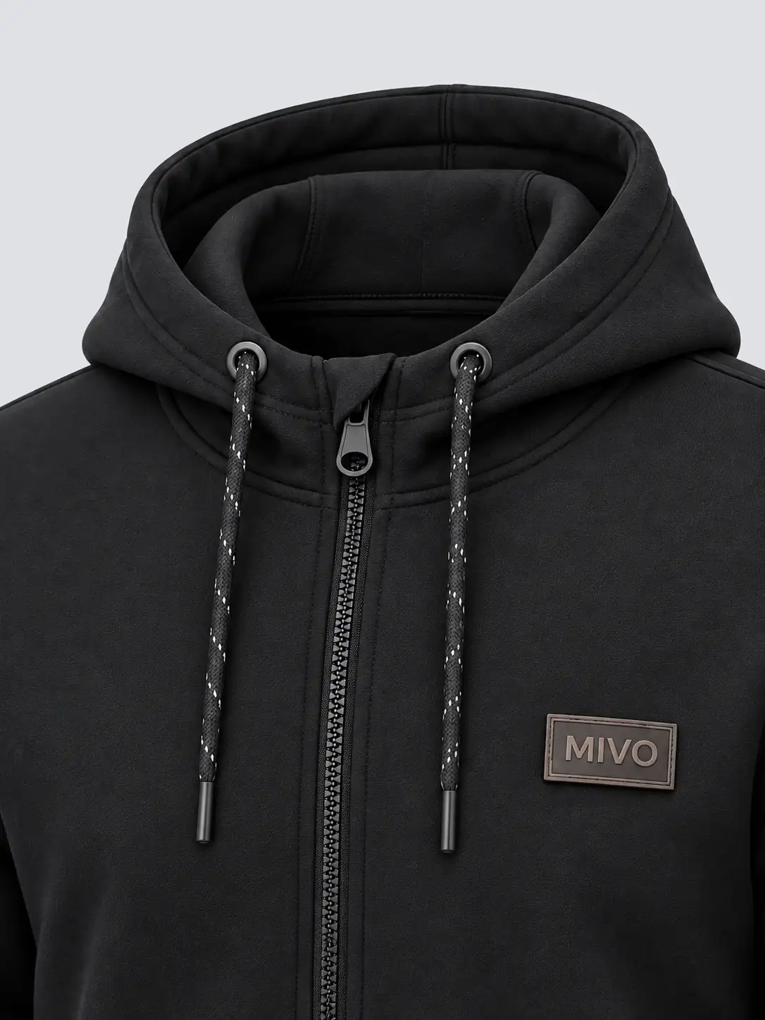 Hood and full drawcords with metal tips on black zip up hoodie