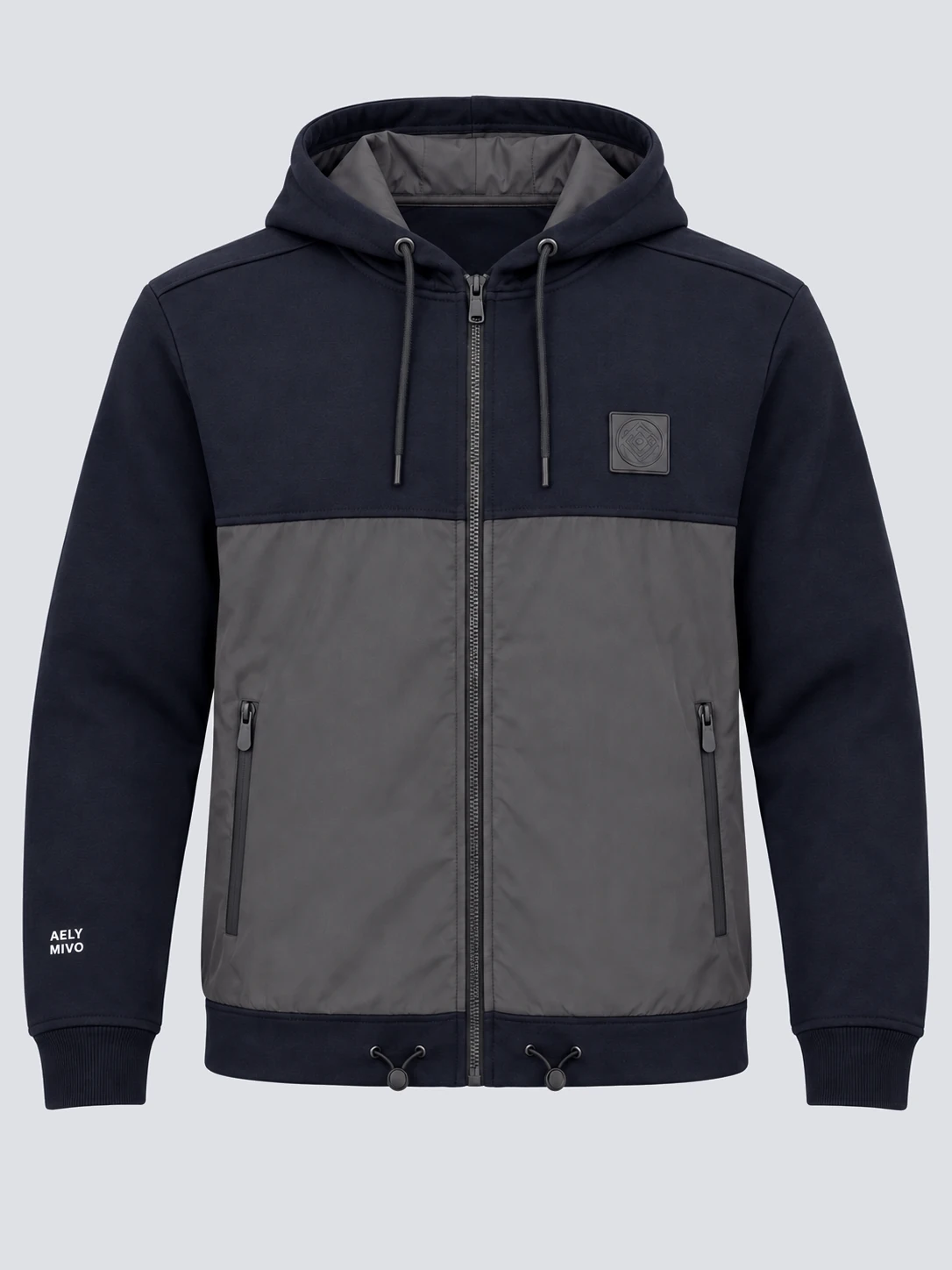 Dark navy heavyweight zip hoodie with gray front panel and zip pockets
