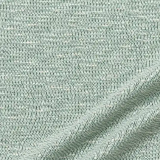 Mint green cotton-linen slub jersey fabric reference with fine uneven yarn texture and soft folds