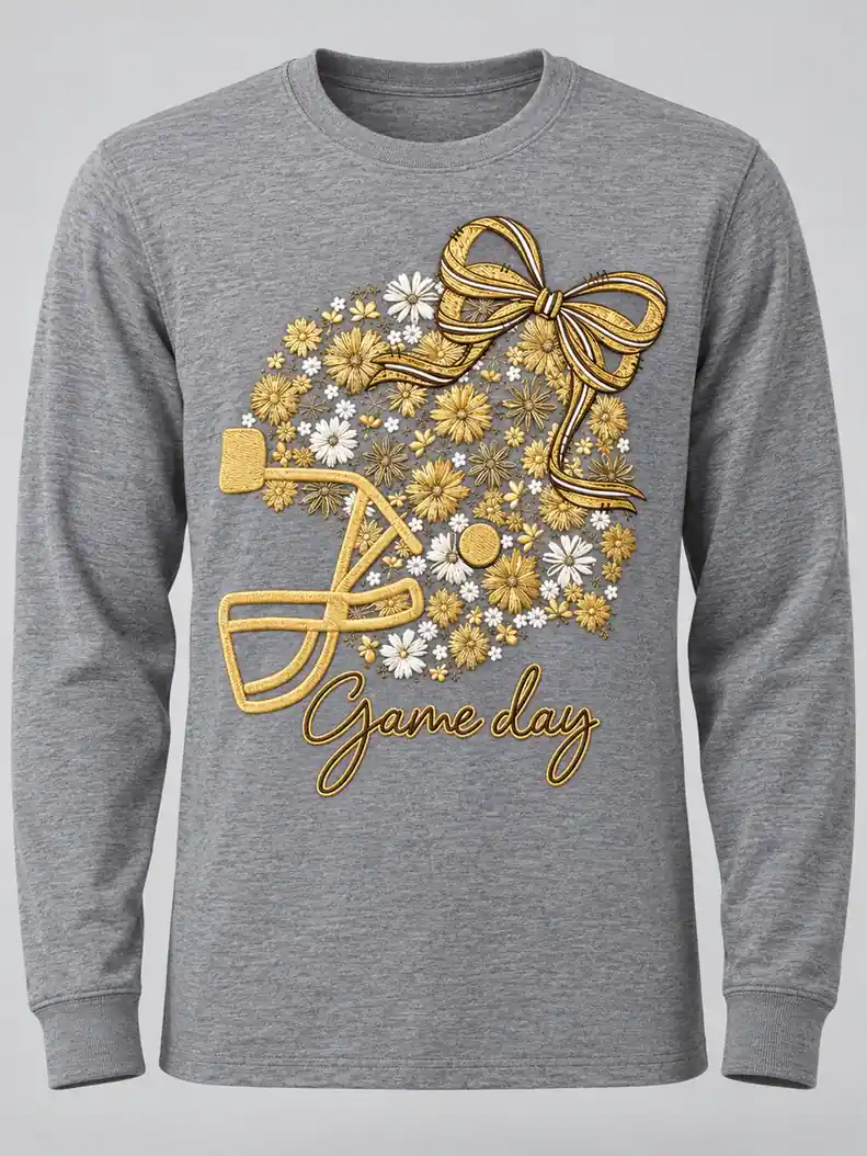Heather gray regular fit long sleeve metallic embroidered T-shirt with gold-tone floral and bow artwork