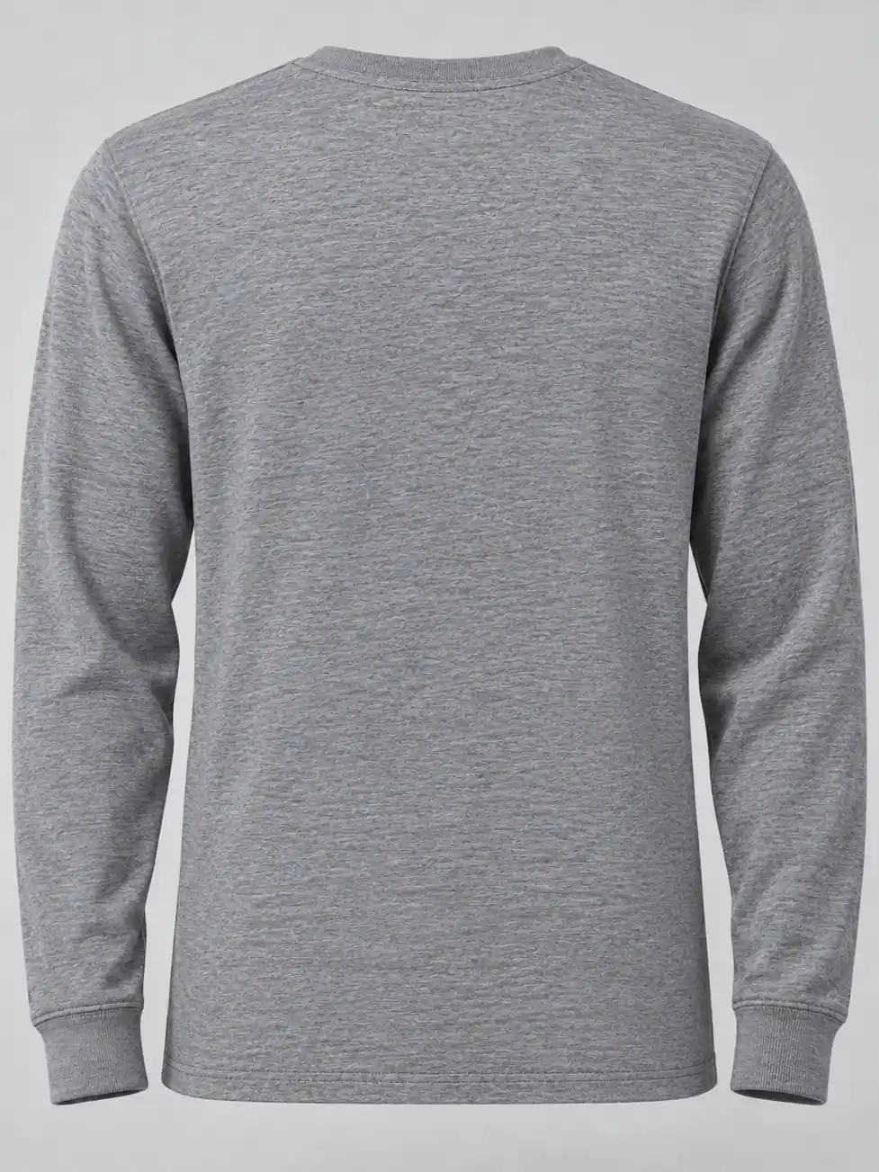 Plain back of a heather gray long sleeve T-shirt with rib cuffs and a stitched hem