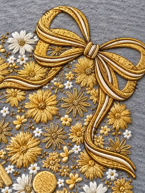 Gold-tone couching outlines, glossy floral embroidery and raised bow details on heather gray fabric