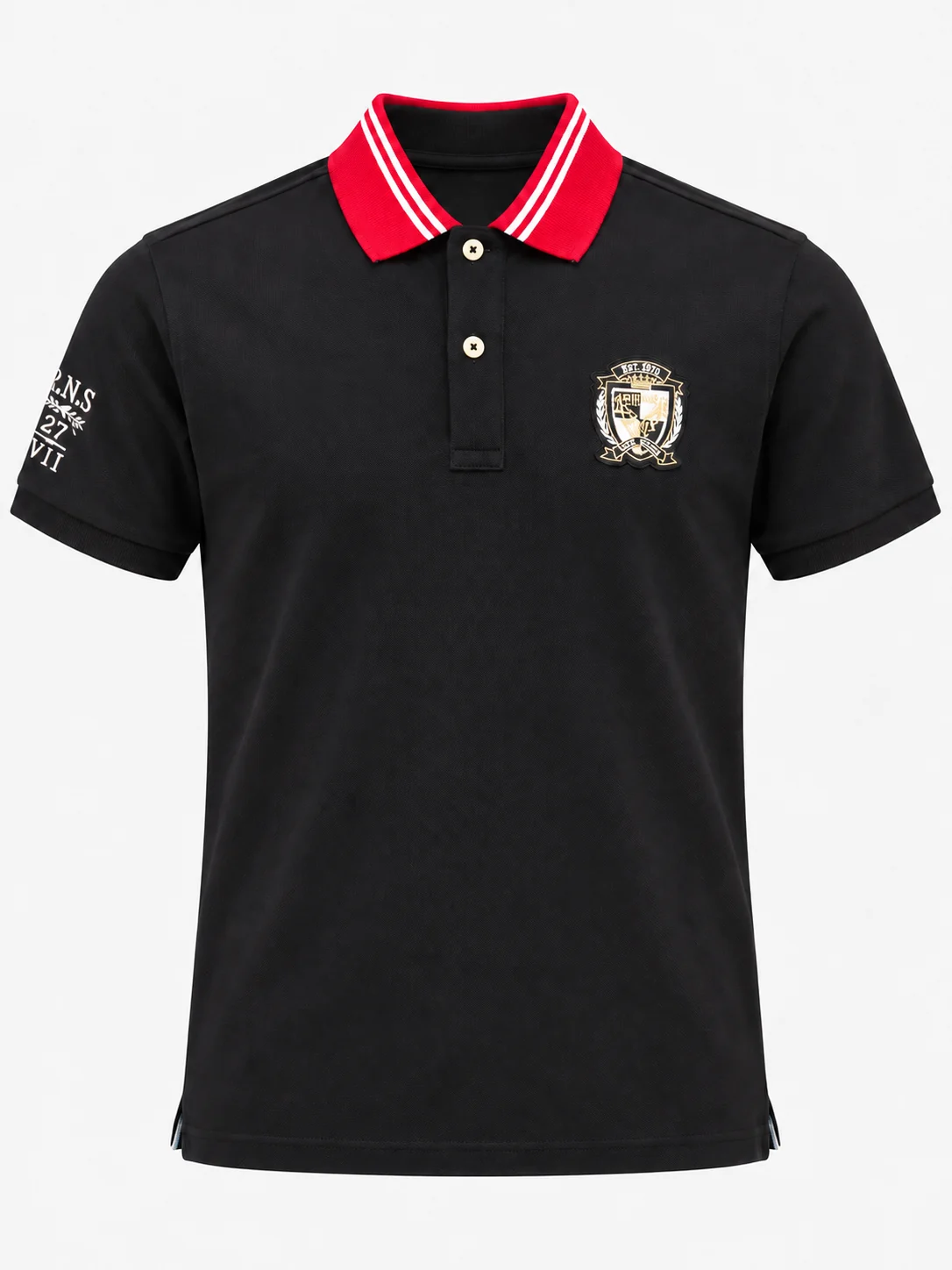 Black cotton pique polo with a striped red collar and embroidered chest logo