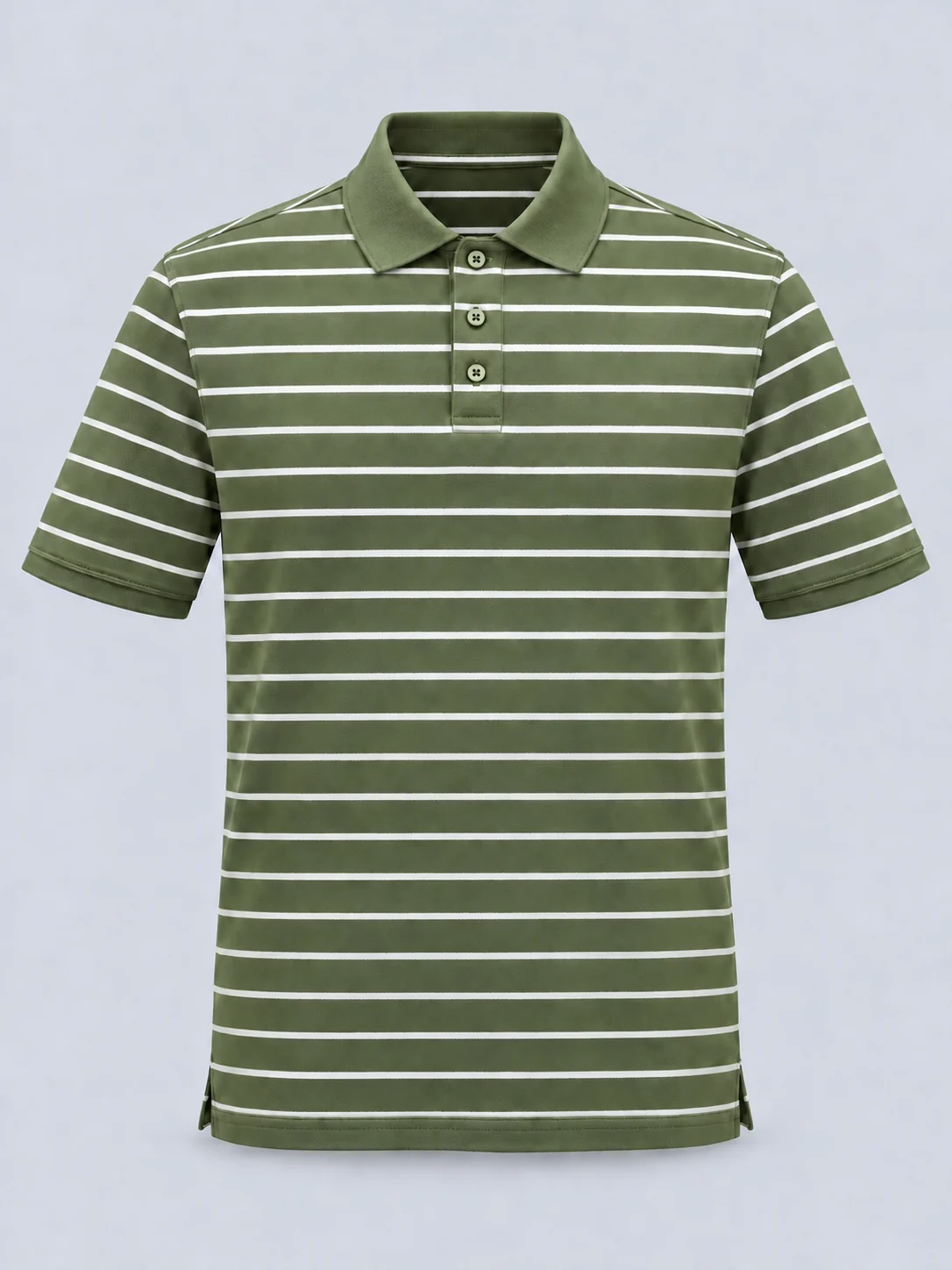 Front of an olive-green regular fit striped polo shirt with white yarn-dyed stripes, short sleeves and a three-button placket