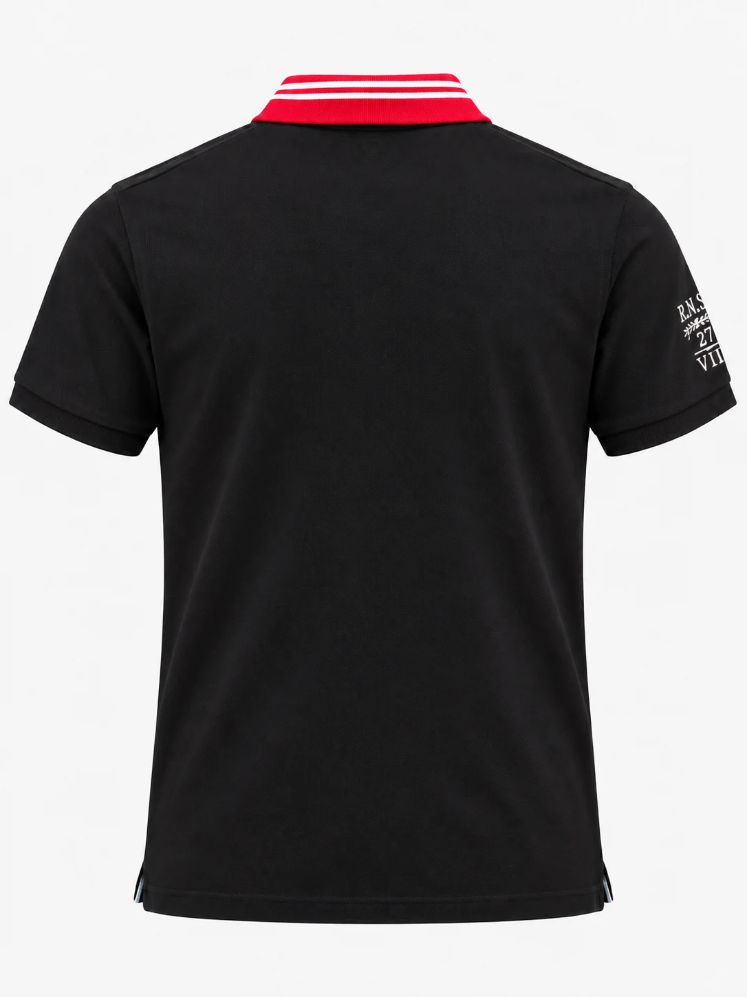 Plain black back of a short sleeve cotton pique polo shirt with a red striped flat-knit collar and embroidery on the wearer's right sleeve