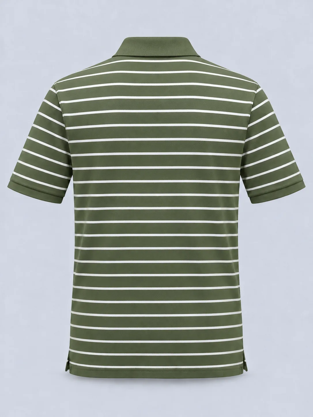 Back of an olive-green cotton pique polo shirt with white horizontal stripes and short sleeves
