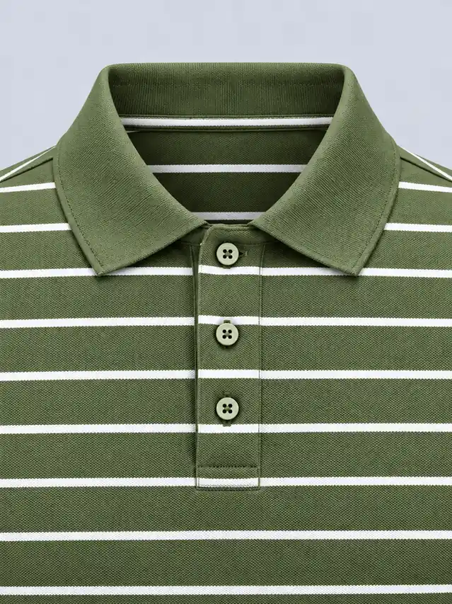 Close-up of the matching olive-green flat-knit collar, three buttons and fine striped pique texture