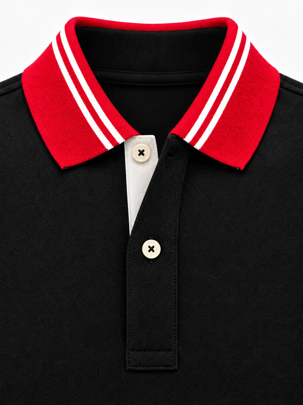 Open two-button placket showing light contrast chambray facing beneath a red flat-knit collar with two white stripes