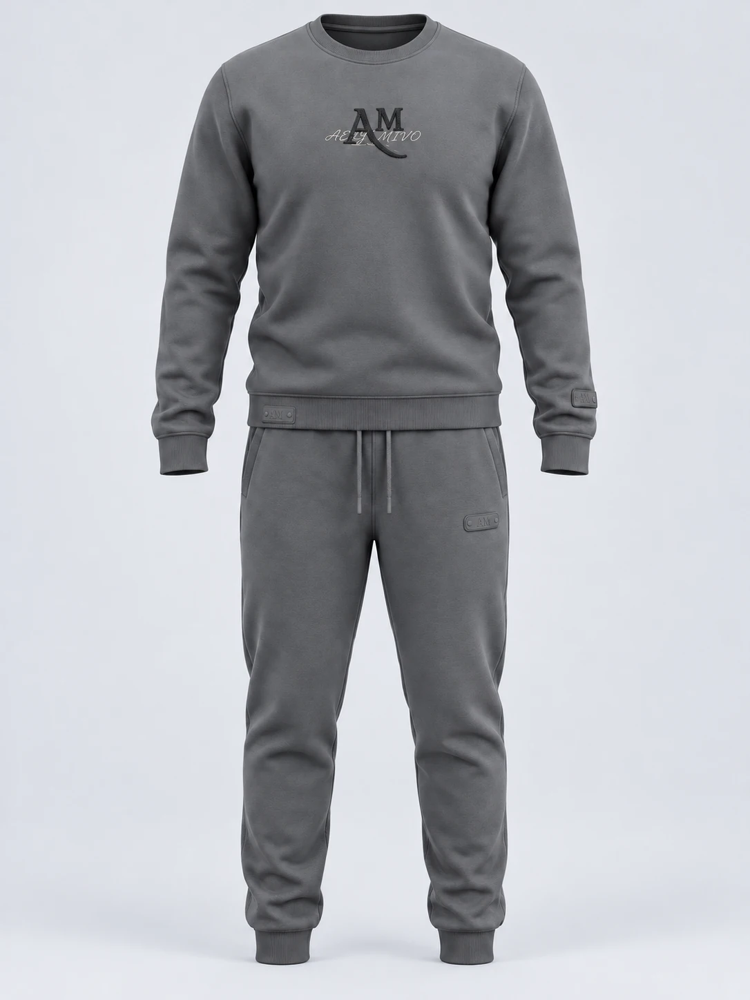 Grey embroidered crewneck sweatshirt and joggers set with black chain-stitch lettering
