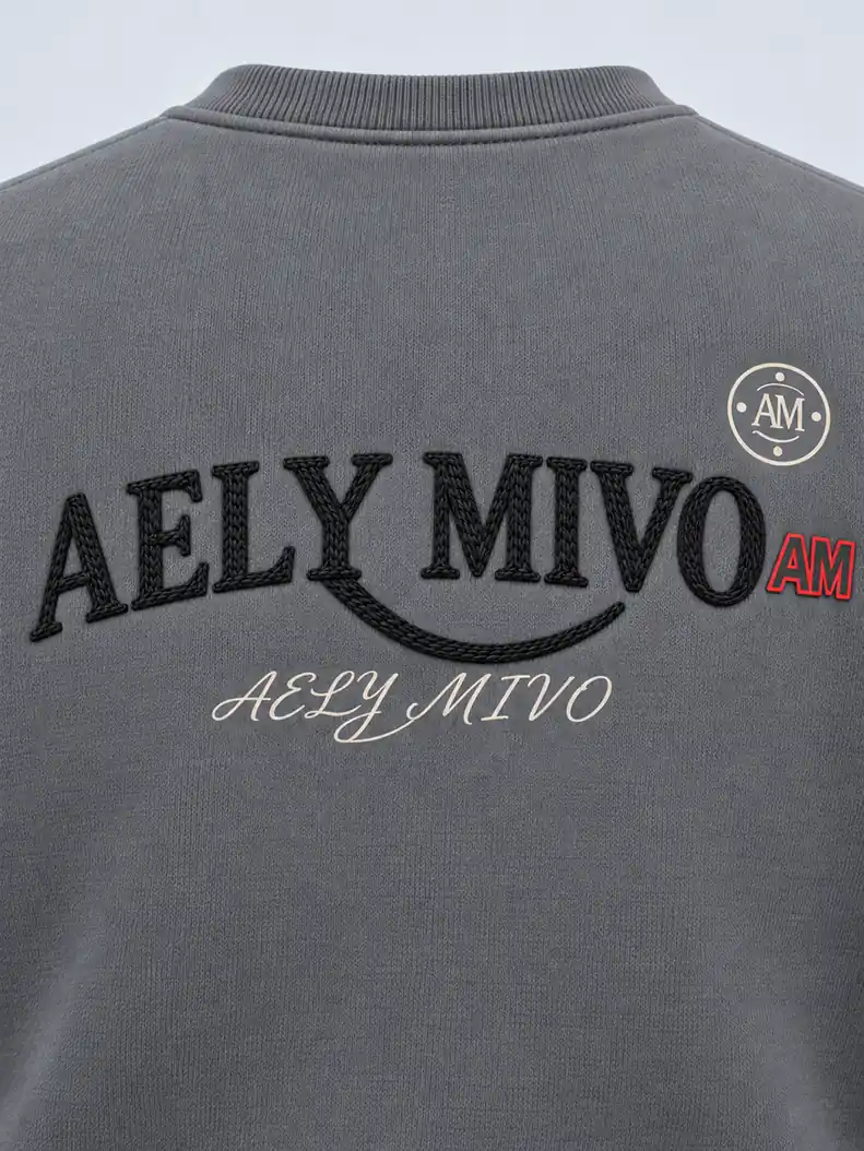 Back chain-stitch lettering and small print detail