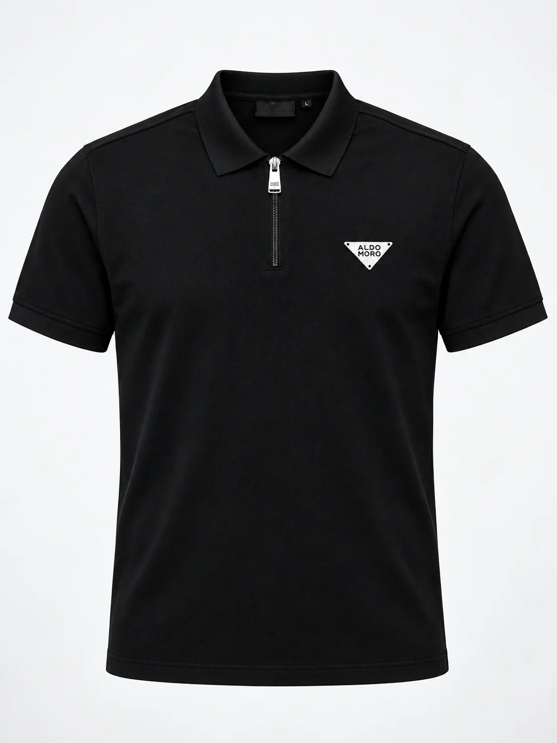 Front of a black regular fit short sleeve embroidered polo shirt with a metal zip neck, flat-knit collar and white triangular toothbrush embroidery logo
