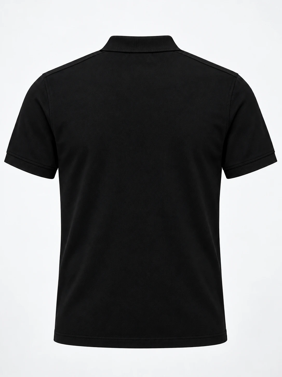 Plain black back of a short sleeve cotton pique polo shirt with matching flat-knit collar and cuffs