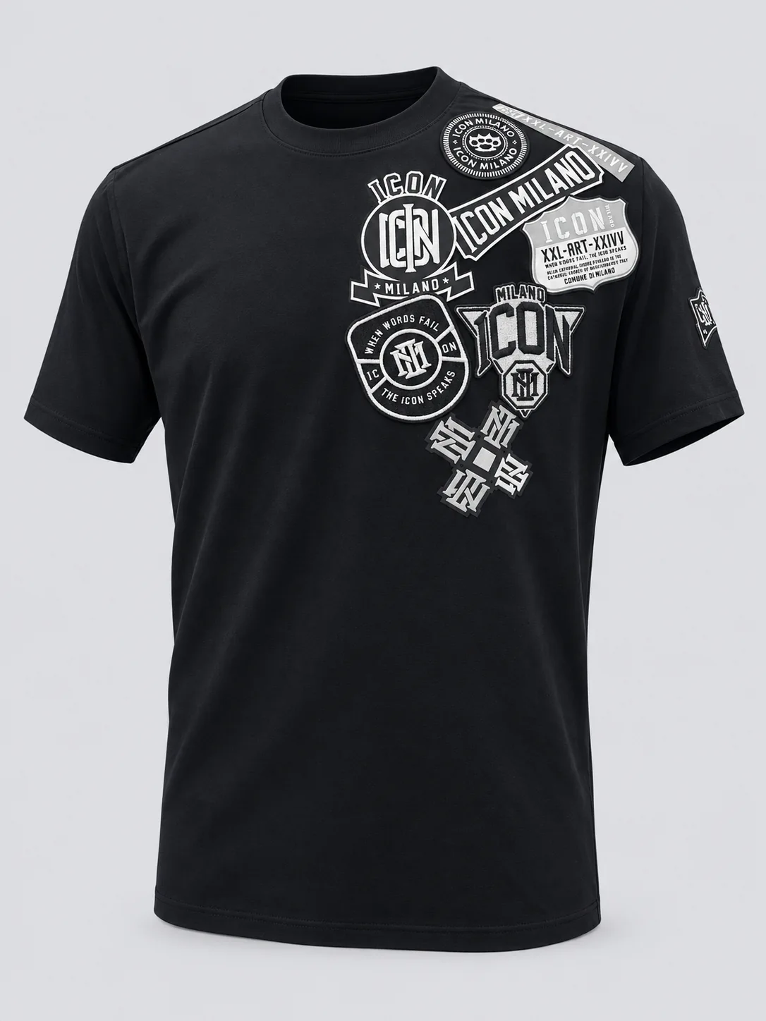 Embroidered T-shirt front view with chest decoration