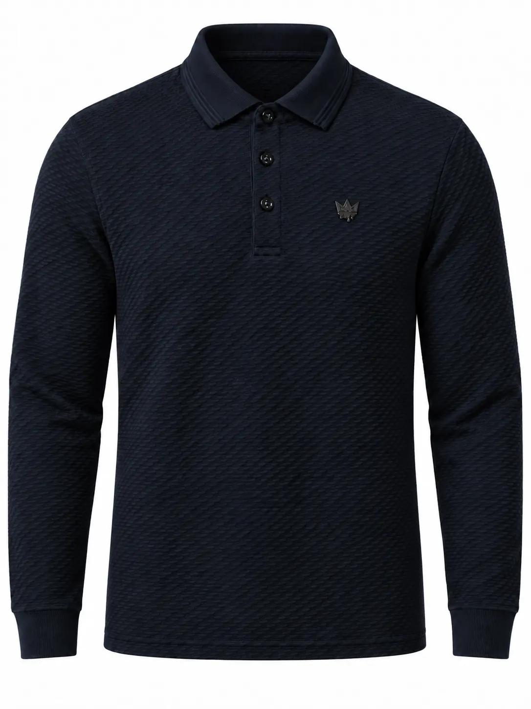 Front of a navy regular fit long sleeve polo shirt with tonal mini-brick jacquard, a flat-knit collar, three buttons, rib cuffs and a left chest metal emblem