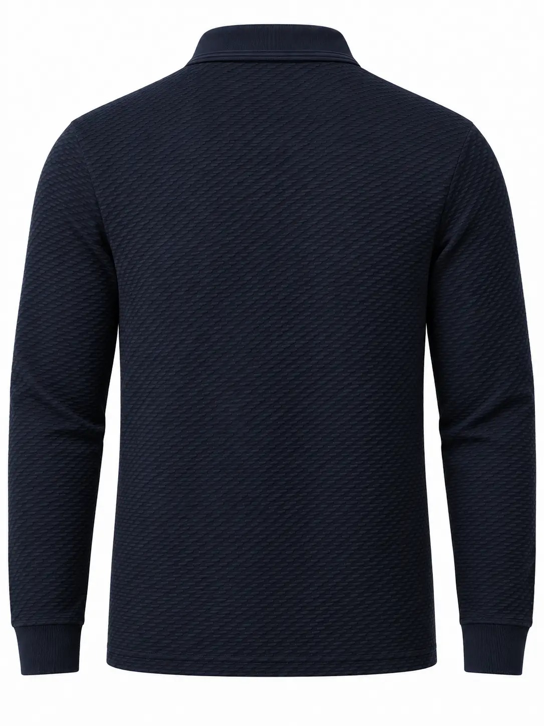 Plain navy back of a long sleeve cotton stretch jacquard polo shirt with tonal mini-brick texture and rib cuffs