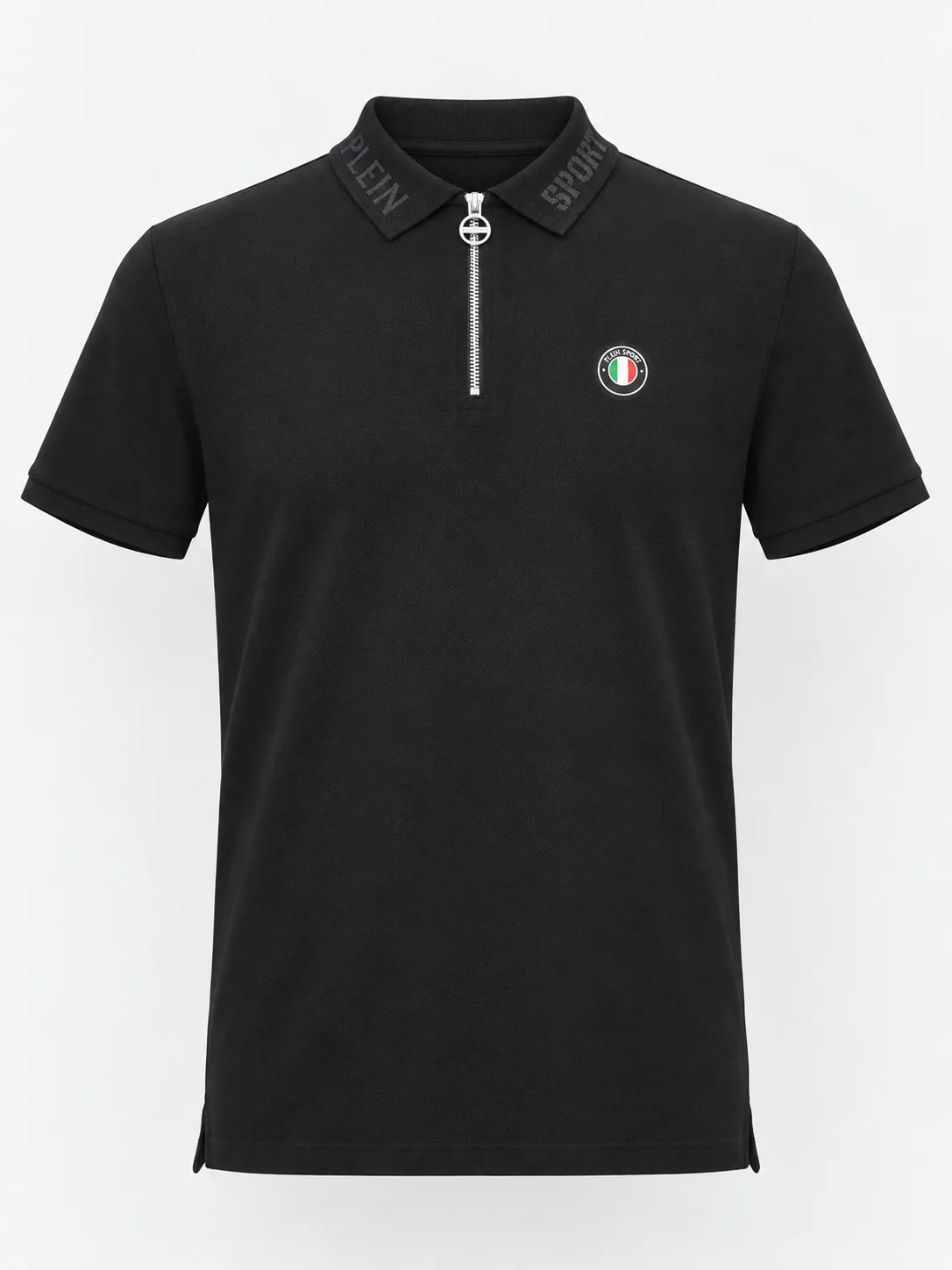Black zip polo with a metal zipper, knitted logo collar and silicone chest badge