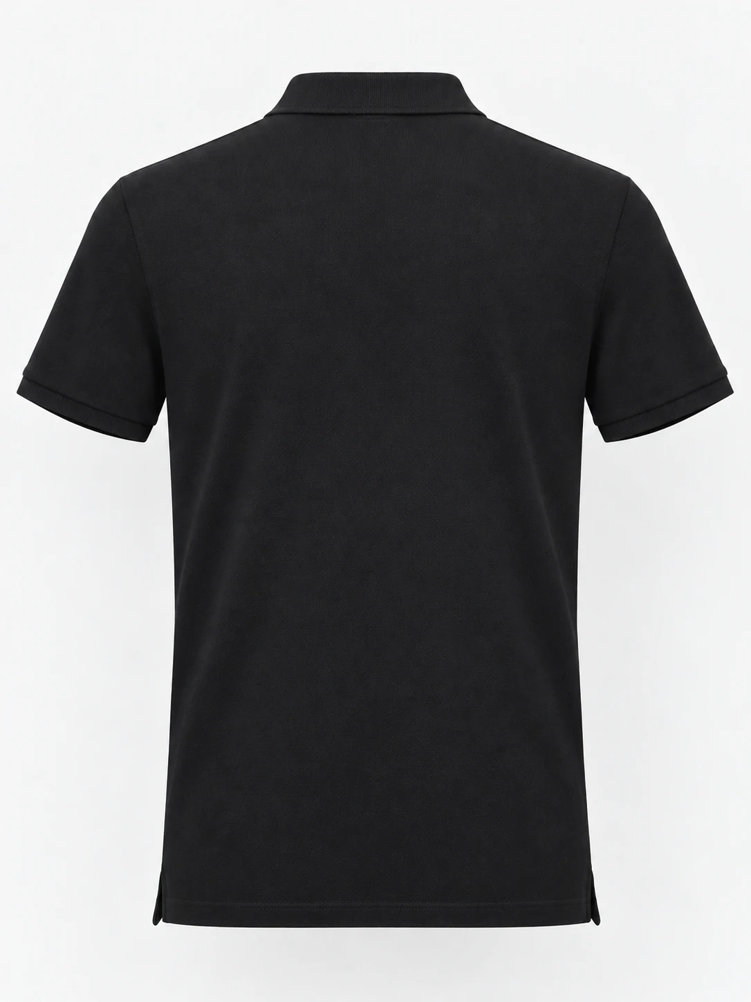Plain black back of a short sleeve cotton double jersey zip polo shirt with flat-knit cuffs and small side vents