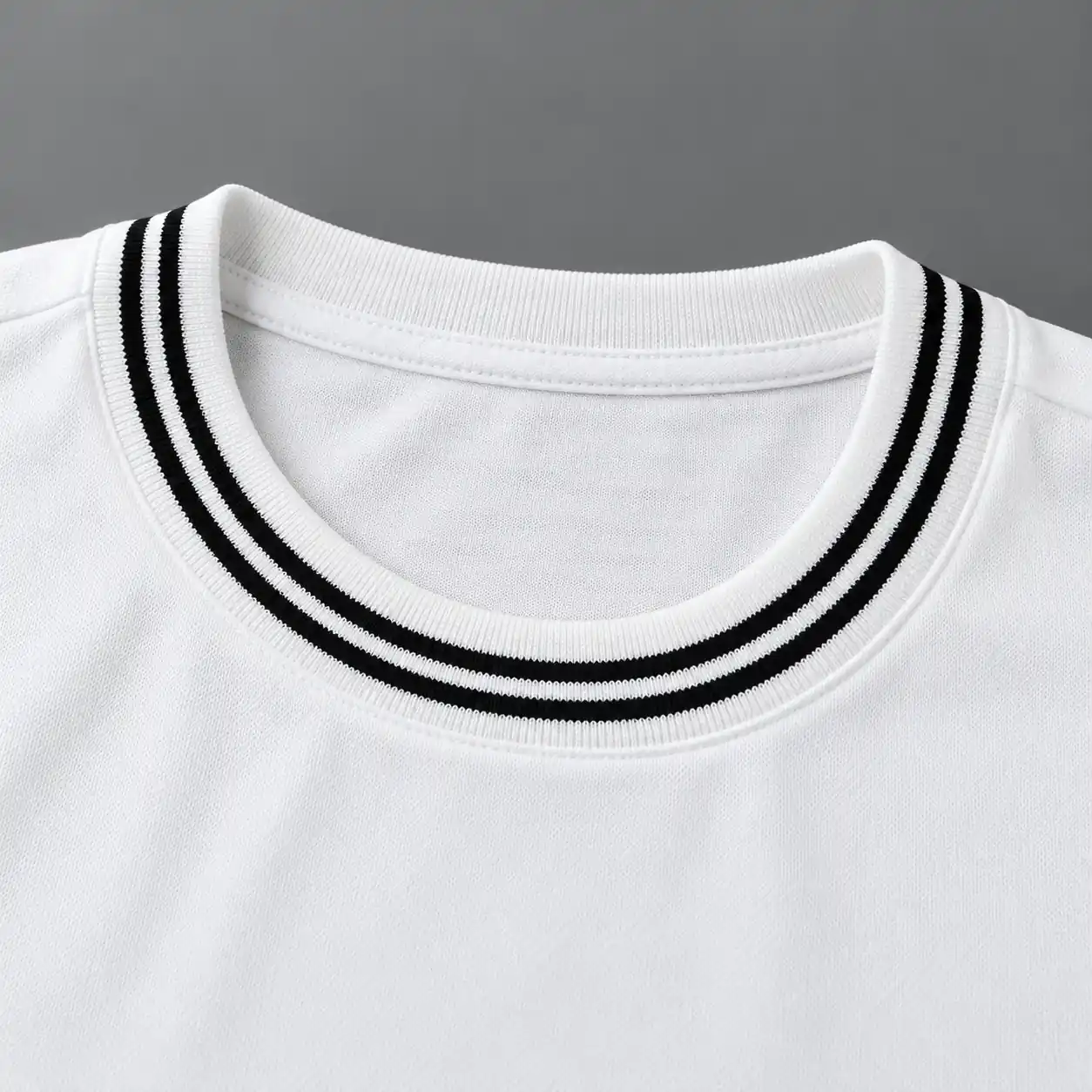 Yarn-dyed black and white striped flat-knit rib collar detail on a mercerized cotton pique T-shirt