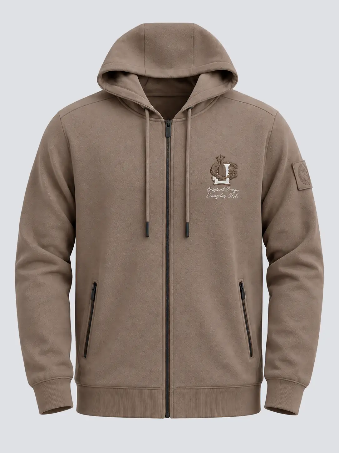 Taupe embroidered zip up hoodie front in tonal cotton jacquard French terry