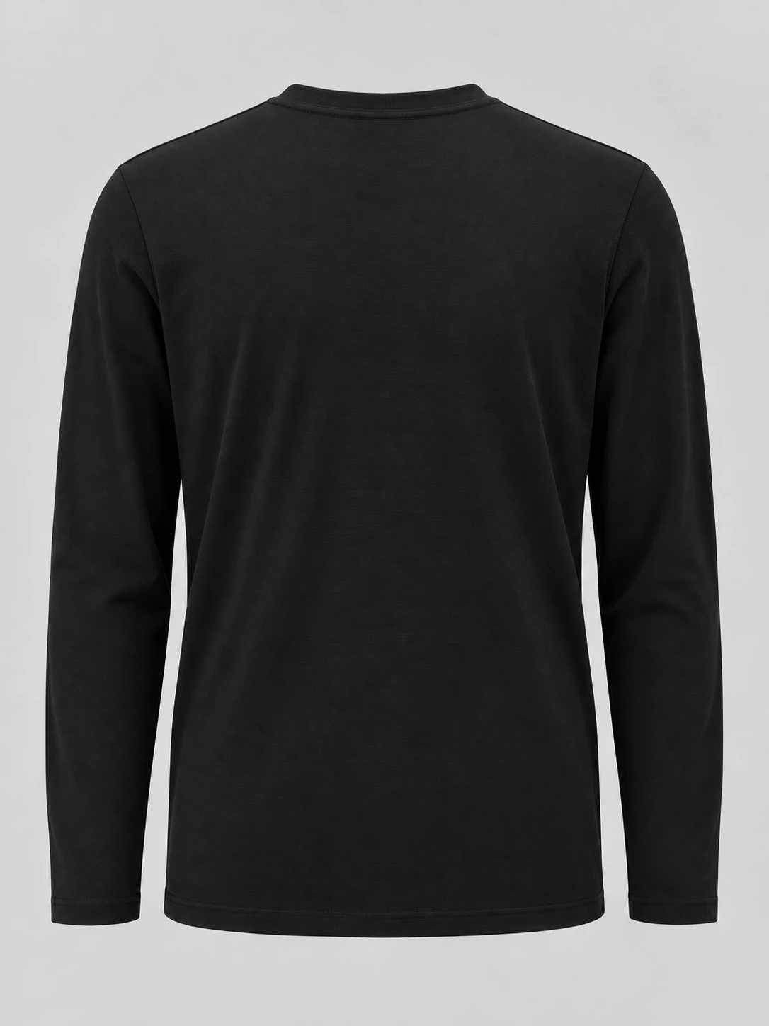 Plain back of a black textured long sleeve T-shirt with folded sleeve openings and hem