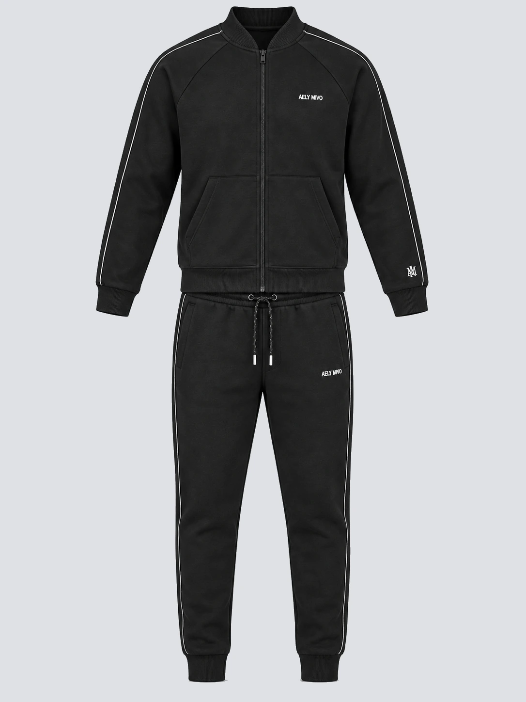 Black French terry full-zip jacket and joggers with white piping and small embroidery