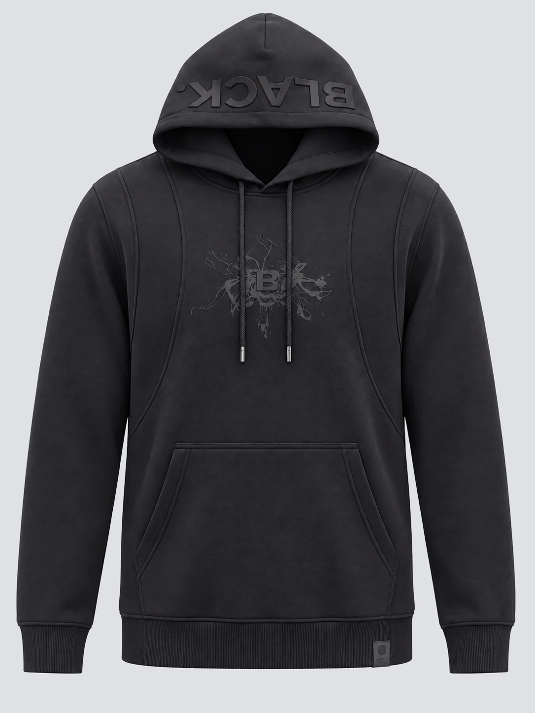 French terry pullover hoodie front with printed chest and hood