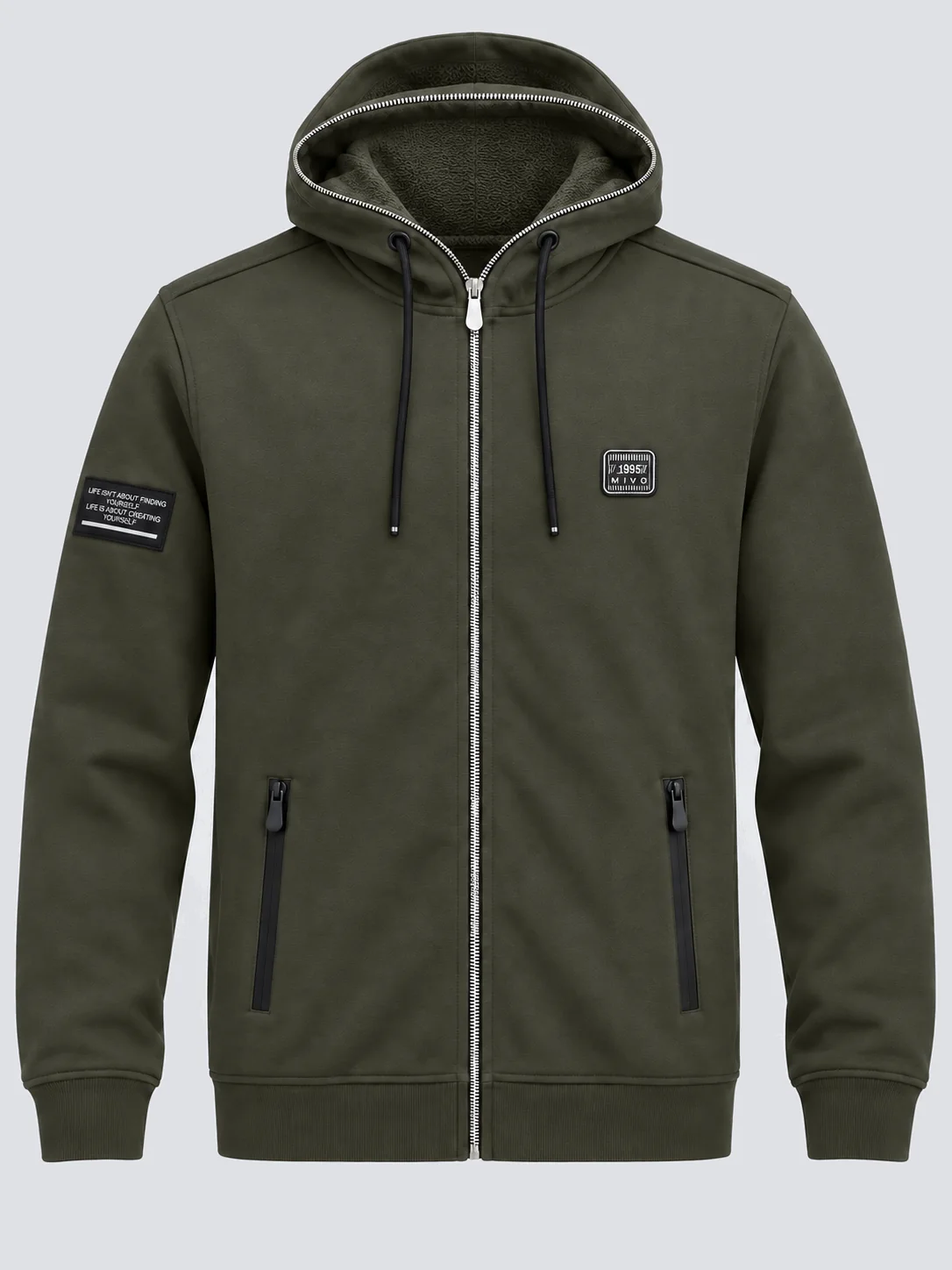 Dark olive French terry zip hoodie front with silver zipper extending around the hood